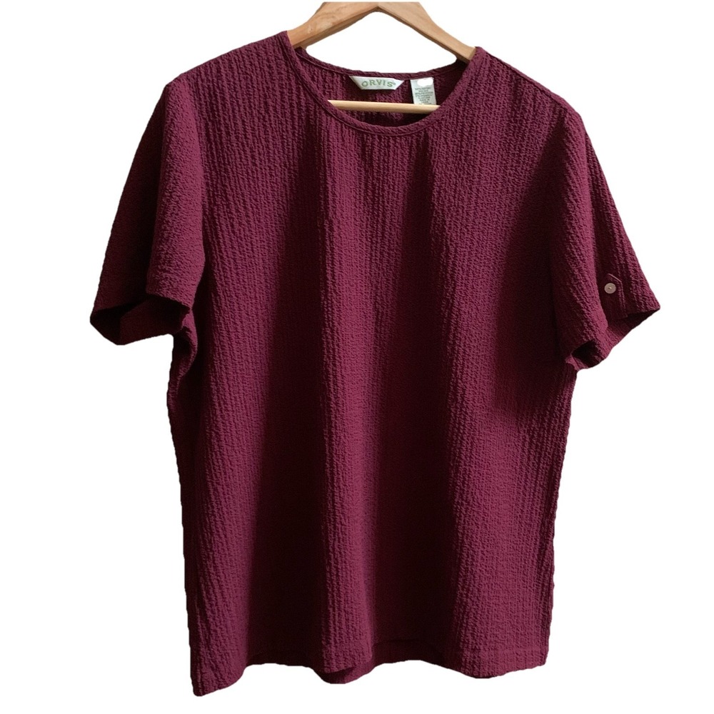 Orvis women's top with a Textured Slight-Short Sleeve Rose Pink SZ-L 60% Rayon‎